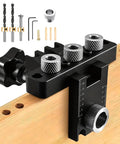 3-In-1 Dowel Jig Kit With Self Centering Doweling And Pocket Hole Jig For Straight Holes, shown with drilling guide on wood.