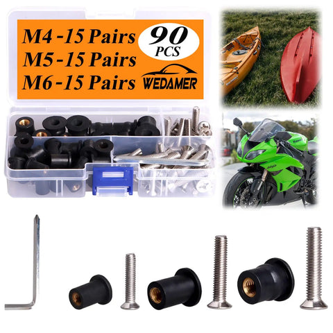 Beefy Neoprene Well Nuts Kit With Stainless Steel Screws M4 M5 M6, 45 Pairs for kayaks, boats, motorcycles, windshields