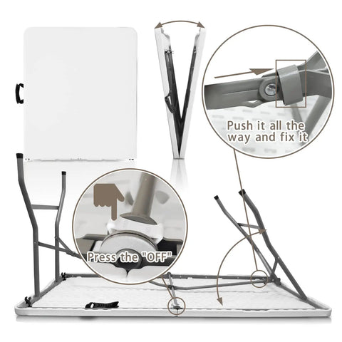 Portable Plastic Folding Table 5 Feet For Camping Picnics Parties And Dining Durable HDPE Surface With Heavy Duty Steel Legs Waterproof Scratch Resistant Non Marring Feet Easy Setup For Indoor And Outdoor Use Go Anywhere showing folding mechanism and locking detail