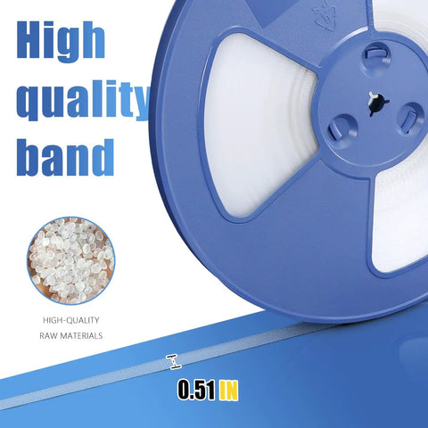 Heavy Duty Polypropylene Banding Strapping Kit With Half Inch By 3200 Foot Clear Packing Strap shown on blue reel with fresh granules.