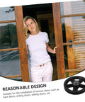 Pro Grade Heavy Duty Roller Guide Wheel Set for Sliding Doors and Barn Door Tracks with V Groove Wheel, woman standing by door