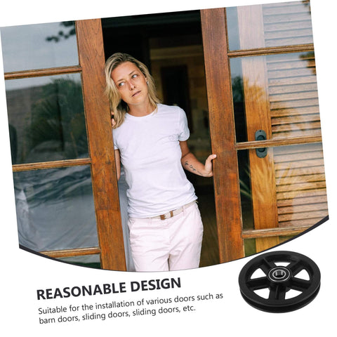 Pro Grade Heavy Duty Roller Guide Wheel Set for Sliding Doors and Barn Door Tracks with V Groove Wheel, woman standing by door