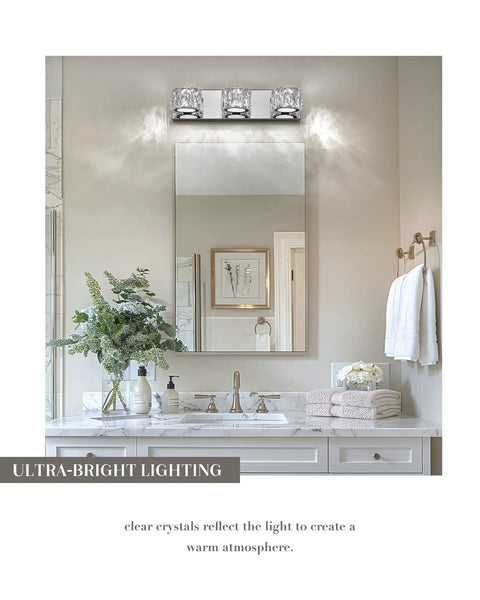 3 Light LED Crystal Vanity Fixture In Chrome Finish With K9 Crystal Shades Modern Over Mirror Bathroom Light Bar 6000K Cool White