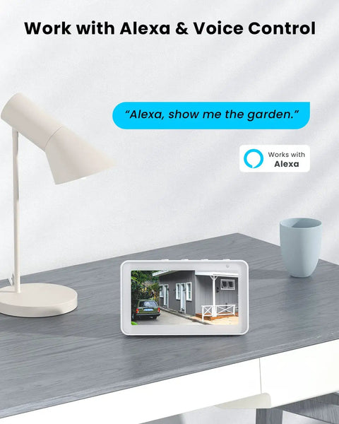 Smart display showing 2K Wireless Outdoor Security Camera With 360 Degree Pan Tilt Solar Powered and Battery Backed 2.4G WiFi view