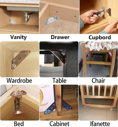 Rock Solid Stainless Steel Corner Brackets For Wood, 20 Piece Set For use in securing furniture like tables, cabinets, and wardrobes.