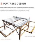 Heavy Duty 220 Volt Table Saw With Rugged Stand For Woodworking Crews Featuring Smooth As Silk 45 Degree Bevel Cuts And A Badass Sliding Table Extension Paired With A No Sweat Dust Collection Bag To Keep Your Shop Sweet And Grit Free, showing portable foldable design with swivel casters.