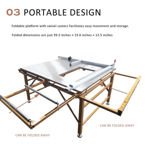 Heavy Duty 220 Volt Table Saw With Rugged Stand For Woodworking Crews Featuring Smooth As Silk 45 Degree Bevel Cuts And A Badass Sliding Table Extension Paired With A No Sweat Dust Collection Bag To Keep Your Shop Sweet And Grit Free, showing portable foldable design with swivel casters.