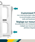 Adjustable White Baby Safety Gate with Dual Mount Capability, Pressure Mount or Hardware Mount, shown with customized fit feature label