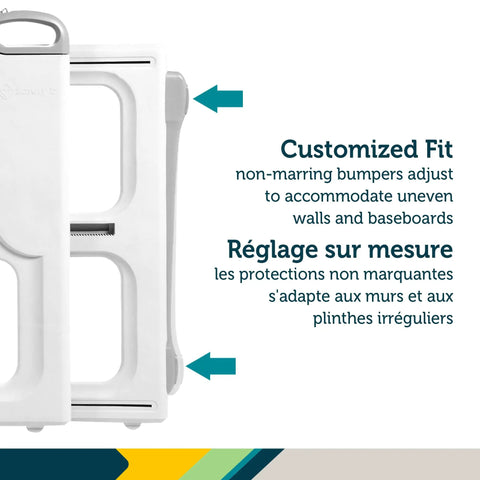 Adjustable White Baby Safety Gate with Dual Mount Capability, Pressure Mount or Hardware Mount, shown with customized fit feature label