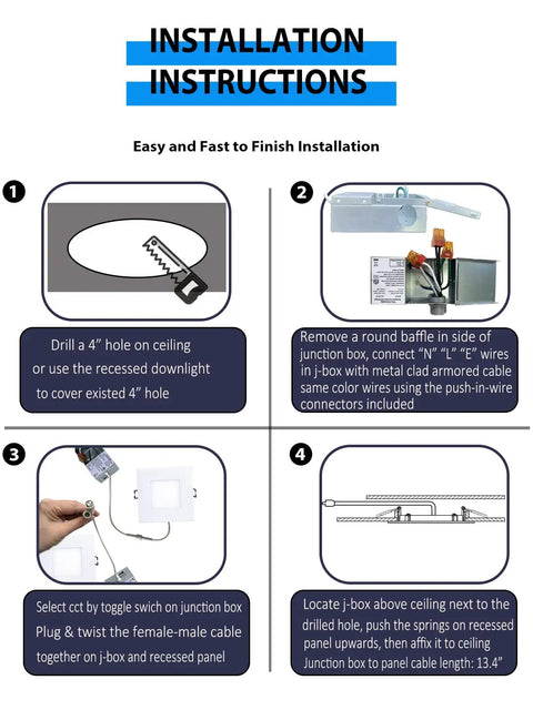 Installation instructions for 4 Inch LED Canless Recessed Square Downlight with Junction Box 5 CCT Adjustable Dimmable Ceiling Light.