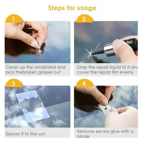 4-step process using 5 Pack Windshield Chip Repair Kit Quick Fix With Glass Repair Resin Liquid For Auto Glass