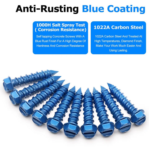 Heavy Duty Concrete Screw Assortment Kit With Drill And Driver Bits For Brick Block Stucco Hex Head Self Tapping Masonry Anchors Built Tough No Sweat Setup Ready For Your Next Home Reno Job One Quarter Long - Blue coated carbon steel screws.