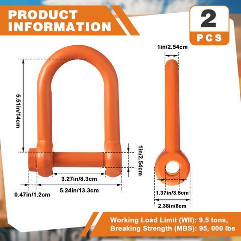2 Pack 1 Inch Screw Pin Long Reach Shackles WLL 9.5 Tons Painted Pin Clevis D-Ring Lifting Attachments with dimensions