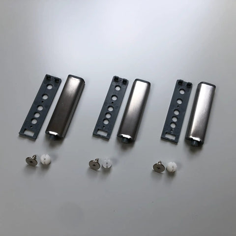 Set Of Three Push To Open Cabinet Latches With Silent Magnetic Catch For Dead Simple Drawer Opens Light Finger Tap Action Silver Kitchen Hardware Upgrade showing latches and mounting plates.