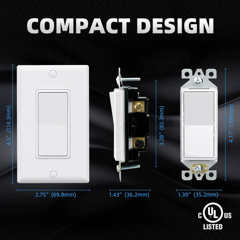 Three Way Decorator Light Switch Set For DIY Home Upgrades 15 Amp 120 277 Volt Rocker Paddle Wall Switch dimensions