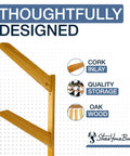 Premium Heavy Duty Solid American Oak Snowboard Wall Rack Holds Three Boards Securely with Extra Stash Zone for Helmets Goggles and Ski Poles for Your Garage or Man Cave Flex Display showing solid oak construction and cork inlay.