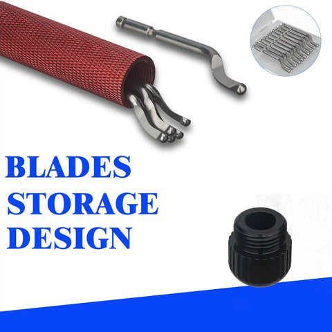 Pro Grade Deburring Tool With 360 Degree Swivel Head And 10 M35 Cobalt HSS Blades showing aluminum handle blade storage