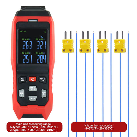 Front view of red four-channel digital K-type thermocouple thermometer data logger with yellow sensor connectors and blue leads.