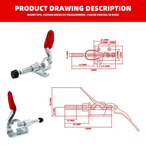 Eight Piece Toggle Clamp Set With Hold Down And Push Pull Quick Release Clamps For Woodworking, Heavy Duty Carbon Steel With Galvanized Surface And Red Vinyl Handles, Ideal For Secure Workholding, shown with dimensions