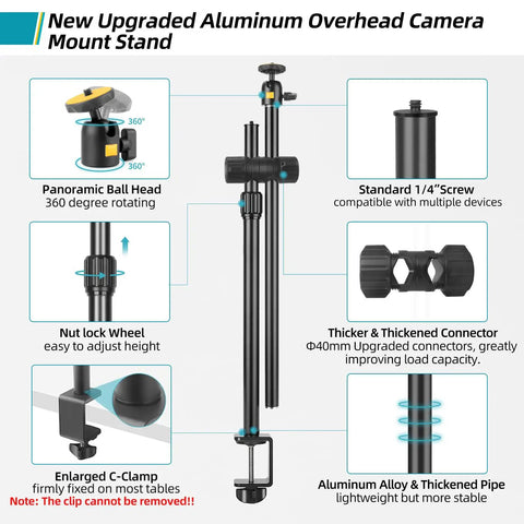 Overhead Desk Mount For Cameras And Webcams With Flexible Boom Arm And 360 Degree Ball Head highlighting features like C-Clamp and connectors