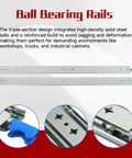 Beefy Heavy Duty 48 Inch Drawer Slides With 500 Lb Capacity Locking Full Extension Ball Bearing Rails For Tool Chests Workbenches Truck And RV Cabinets For Systems, steel rail close-up with locking tab