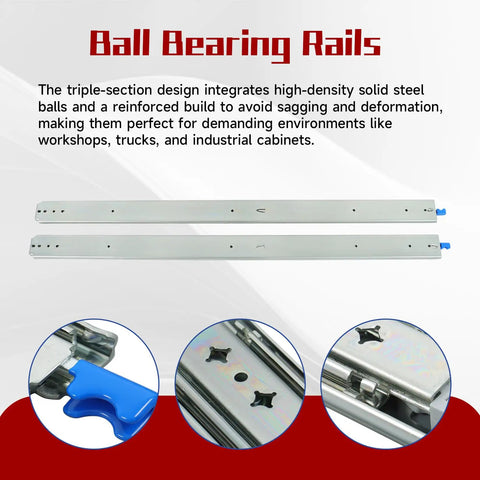 Beefy Heavy Duty 48 Inch Drawer Slides With 500 Lb Capacity Locking Full Extension Ball Bearing Rails For Tool Chests Workbenches Truck And RV Cabinets For Systems, steel rail close-up with locking tab