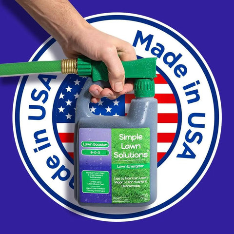 Heavy Duty Liquid Lawn Fertilizer With Iron And Nitrogen with hose end sprayer, label reading 'Simple Lawn Solutions,' made in USA