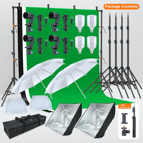 AM169 Photo And Video Studio Light Kit With 3 Backdrops Black White Green Including Two 24x24 Softbox Reflectors & Umbrellas