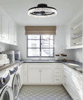 Low Profile Ceiling Fan With Lights Remote Control Modern Flush Mount Dimmable LED in a bright kitchen
