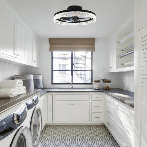 Low Profile Ceiling Fan With Lights Remote Control Modern Flush Mount Dimmable LED in a bright kitchen
