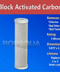 Six Pack 5 Micron Activated Carbon Block Water Filter Set for Household Systems, single filter close-up with dimensions and features.