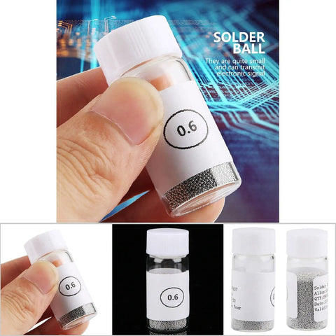 Pro Grade BGA Reball Solder Balls Kit 0.6mm For GPU CPU IC Chips And PCB Soldering Universal Stencil Ball Set For Precise Reballing And Solder Work Pack, featuring a close-up of the 0.6mm solder ball bottle.