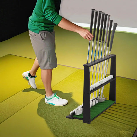 Person arranging clubs in Wooden Golf Putter Stand With Ball Storage Holds 8 Clubs And Up To 23 Golf Balls, indoor use