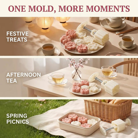 White Cherry Blossom Mooncake Mold With 30g Hand Press Cookie Stamp Six Petal Pastry Imprinter shown with treats for afternoon tea.