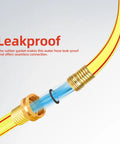 Close-up of a Yellow Short Garden Hose 3/4 Inch By 10 Feet No Kink Leak Free Flexible PVC Water Hose With Heavy Duty Lightweight Build And Brass Aluminum Fittings, demonstrating leakproof connection.
