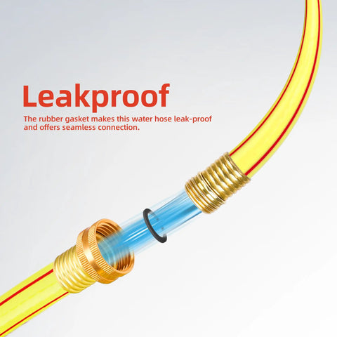 Close-up of a Yellow Short Garden Hose 3/4 Inch By 10 Feet No Kink Leak Free Flexible PVC Water Hose With Heavy Duty Lightweight Build And Brass Aluminum Fittings, demonstrating leakproof connection.