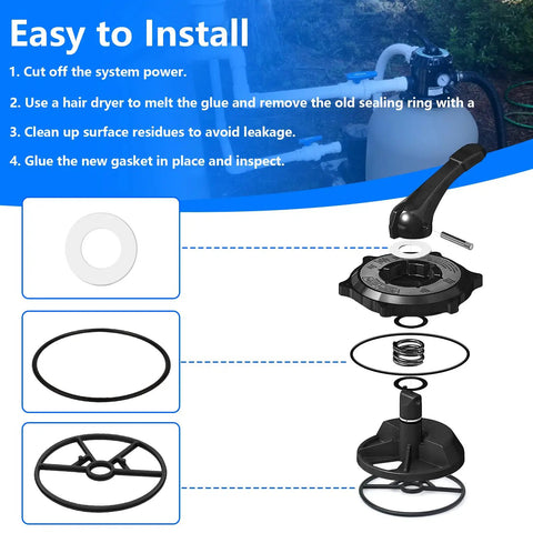 Replacement Gasket Rebuild Kit For Hayward Variflo XL Valve One And A Half Inch Multiport System SP714T SPX0714CA O Ring Gasket For Vari Flo Pool And Spa Valves installation guide with gasket components and assembly steps.