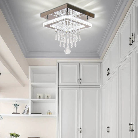 Square Crystal Chandelier LED Flush Mount Ceiling Light For Bedroom Dining Room Hallway And Bar Dope Modern Crystal Pendant Lamp With K9 Crystals Cool White Glow Elegant Living Room Fixture installed in modern room