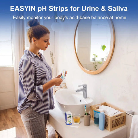 Woman in bathroom using Must Have At Home pH Test Strips 4.5 To 9.0, 200 Count Litmus Paper for Urine and Saliva