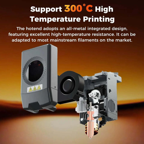 Image of 3D printer hot end, featuring the Upgraded 0.4mm Metal Hot End Nozzles Kit for Flashforge AD5X, supporting 300°C high-temp printing.