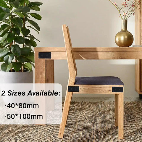 Heavy Duty Mending Plates And Black Corner Braces Built Tough As Nails For Furniture Repairs Or Woodworking Fixes Rust Resistant Coating Comes In 4 Pack With Screws, displayed on a wooden chair and table.