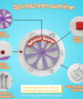 Spin Art Kit For Kids With Thick Paint Spinner Machine And Splatter Guard showing parts and features on blue background