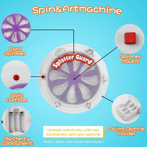 Spin Art Kit For Kids With Thick Paint Spinner Machine And Splatter Guard showing parts and features on blue background
