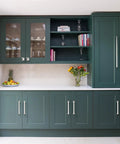 Green kitchen cabinets with 10 Pack 5 Inch Brushed Satin Nickel Cabinet Pulls Zinc Alloy Kitchen Cabinet Handles visible