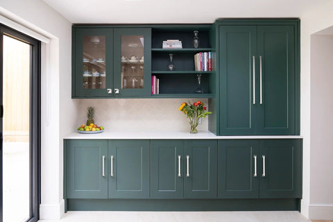 Green kitchen cabinets with 10 Pack 5 Inch Brushed Satin Nickel Cabinet Pulls Zinc Alloy Kitchen Cabinet Handles visible