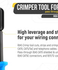 Close-up of RJ45 Crimp Tool Kit With 50 Cat6 Pass Through Connectors And 50 Strain Relief Boots Plus Extra Blades EZ Cut Strip Crimp