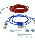 Titan Aerial Dog Run For Backyard Freedom A Heavy Duty Tie Out Cable System That Lets Your Pup Roam Safely Up To 50 Lbs Includes Lead Line And Hardware A 50 Foot Trolley Style Cable For Easy Safe Outdoor Play, showing coiled red cable, blue lead line, and hardware components.