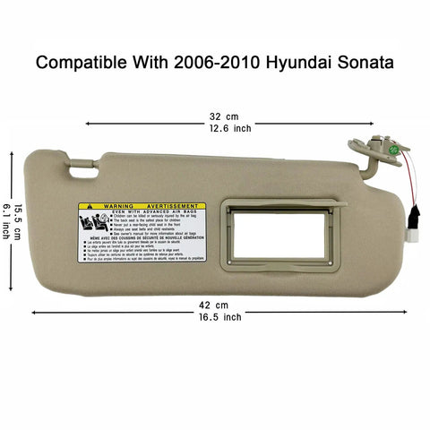 Passenger Side Sun Visor For Hyundai Sonata 2006 2010 With Wired Vanity Light And Sunroof Compatibility Beige Replacement back view, dimensions shown