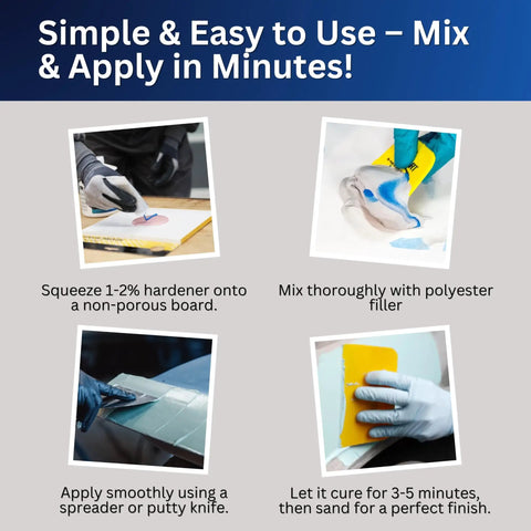 Instructions for using Blue Cream Epoxy Hardener 4 Oz Bulk Pack For Stone Industry Epoxies, with images of application steps.