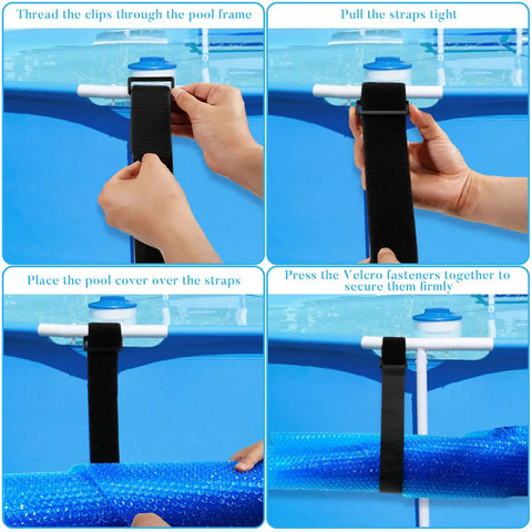 Heavy Duty Solar Pool Cover Straps For Above Ground Pools Strap Down Solid To Keep Your Cover Locked Tight Through Any Season Reusable Nylon Holders That Are Built Different, showing installation steps with black nylon straps.